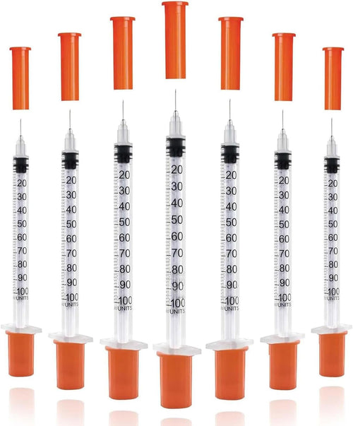 Seringues de 1 ml avec aiguille 6 mm, capuchon orange, marquages gradués noirs