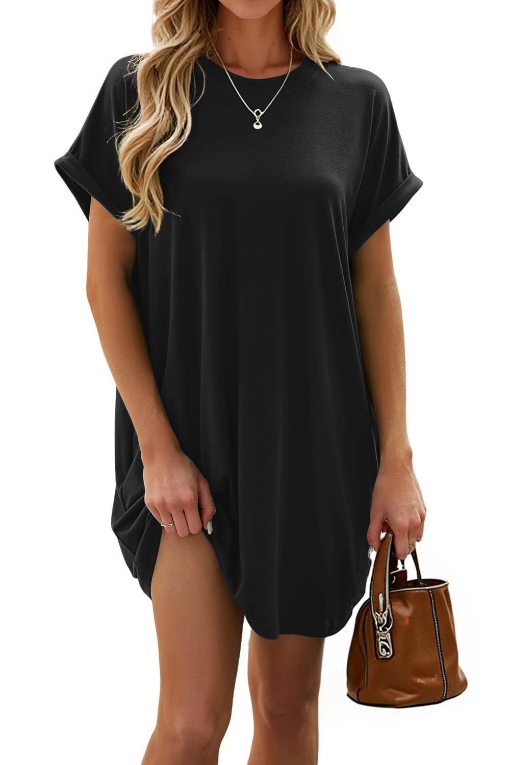 isermeo Women Summer Casual Swing Rolled Sleeve T Shirt Dresses Beach Cover Up Loose Dress with Pockets S-XXL