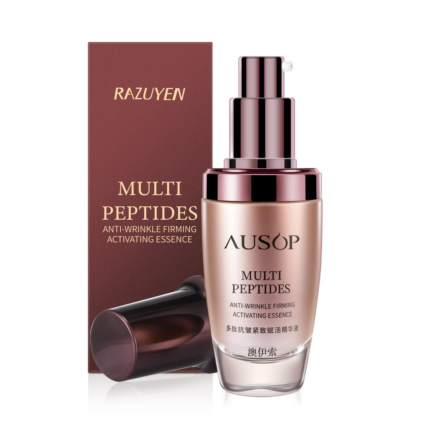 Sérum visage AUSOP en flacon avec pompe, finition bronze et étiquette Multi Peptides