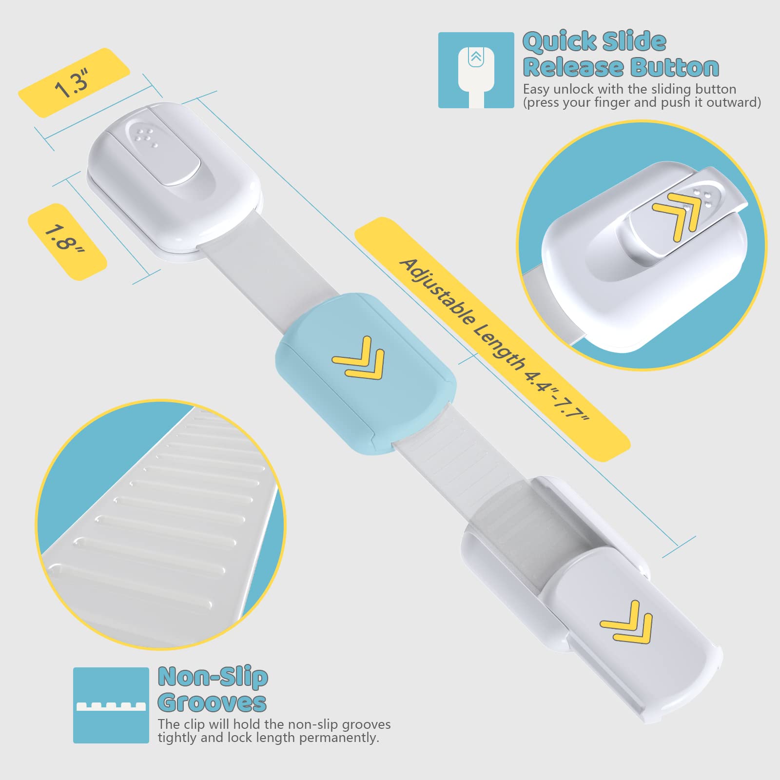4our Kiddies Child Safety Cabinet Locks for Babies (6 Pack), Child Proof Latches for Cabinets and Drawers Doors, Baby Proofing Cabinet Strap Locks for Cupboard and Closet with 6Pcs Extra 3M Adhesives