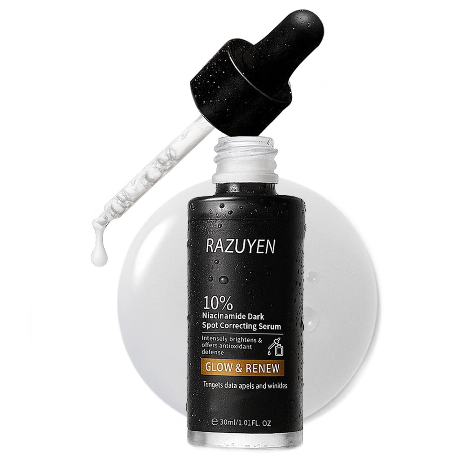 Sérum au niacinamide RAZUYEN 10% en flacon noir avec pipette doseuse.