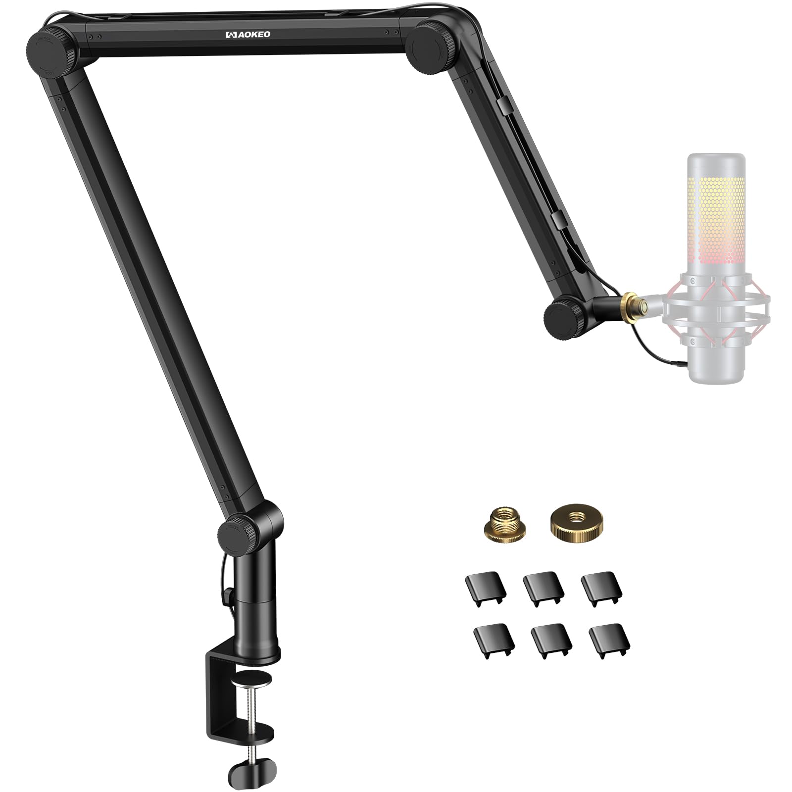 Bras de suspension pour micro noir avec base pince, adaptateur et accessoires.