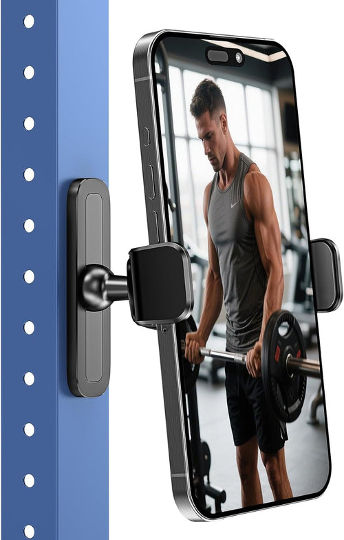 Support de téléphone magnétique noir avec base métallique, fixation sur barre d’entraînement