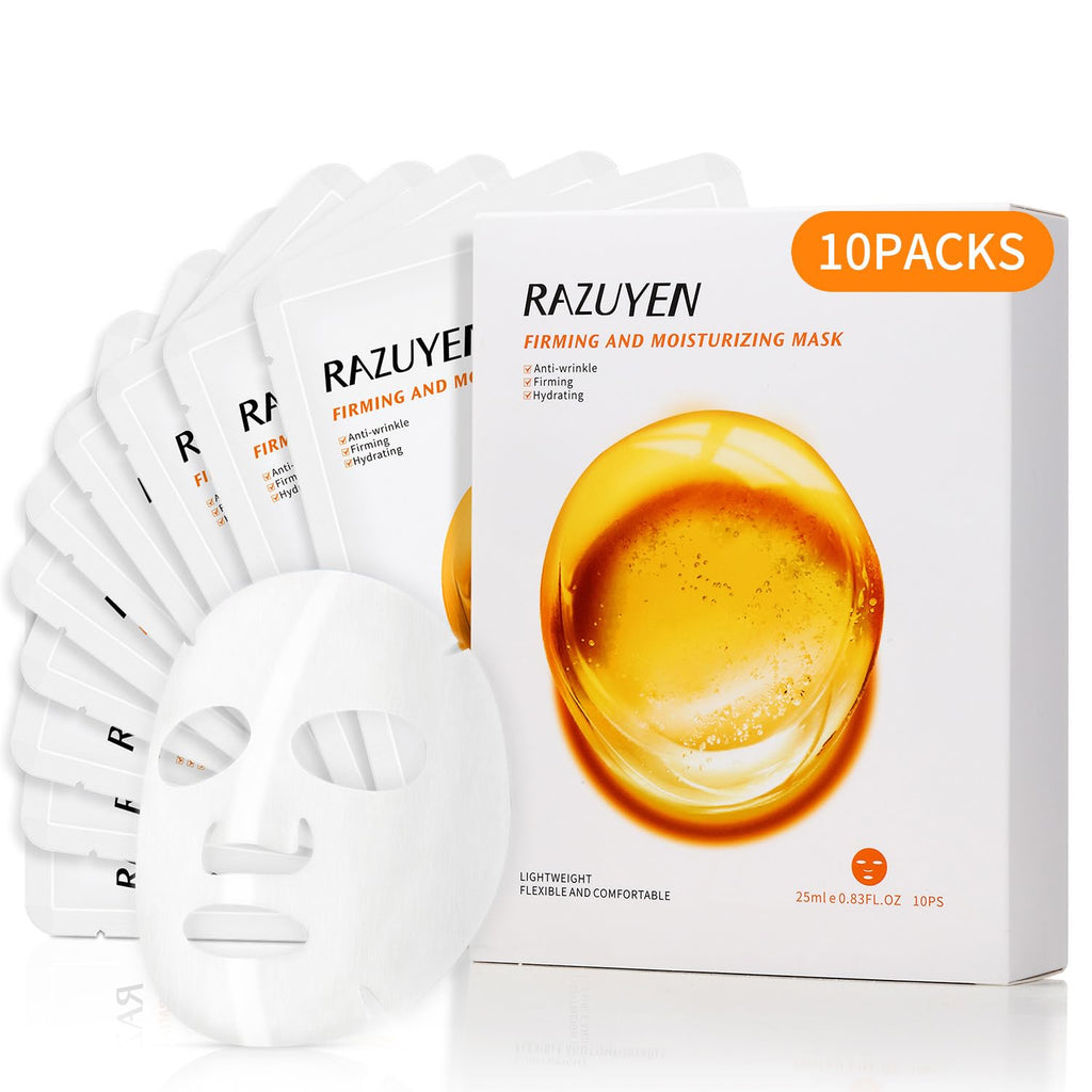 Boîte de 10 masques en tissu, masque blanc et sérum jaune ambré.