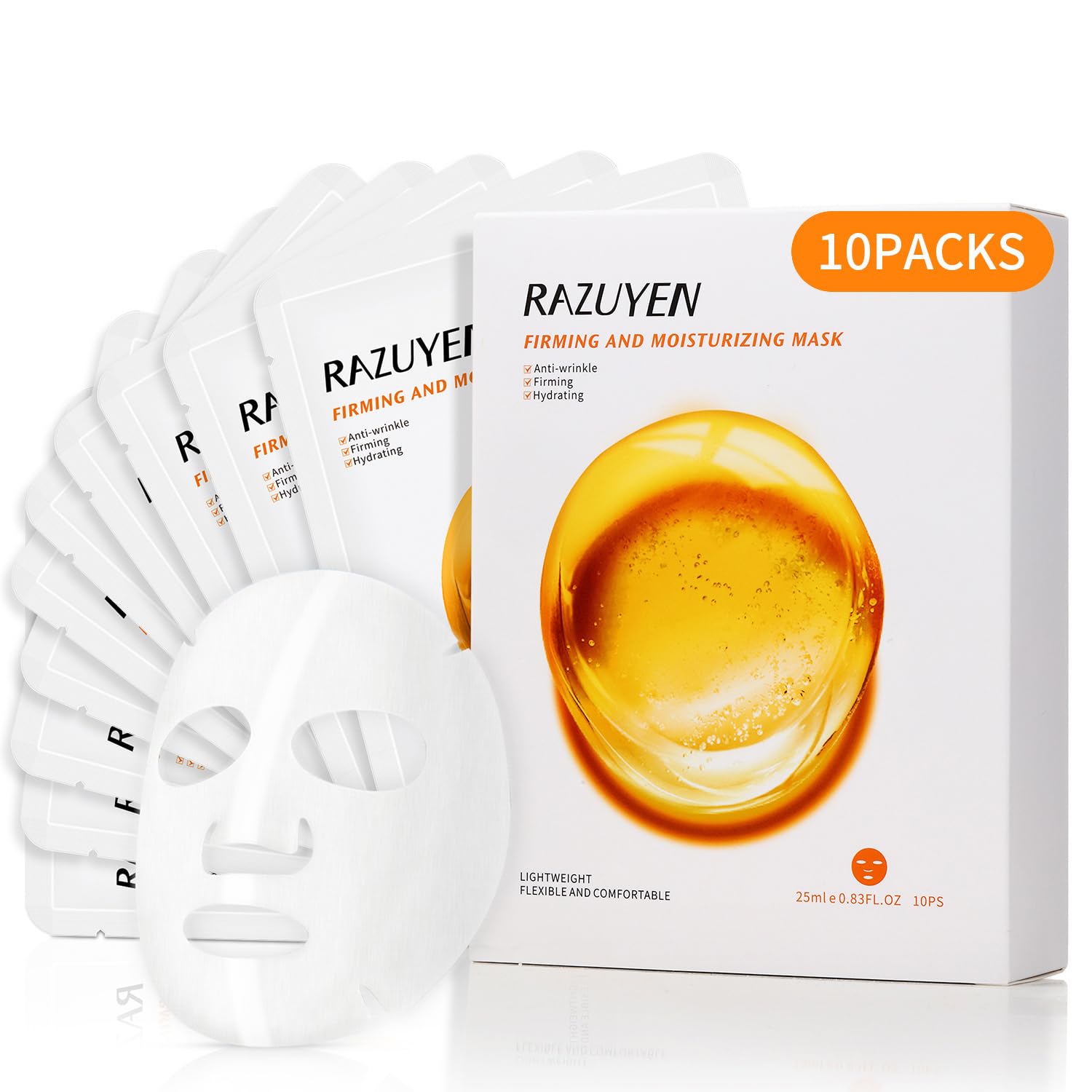 Boîte de 10 masques en tissu, masque blanc et sérum jaune ambré.