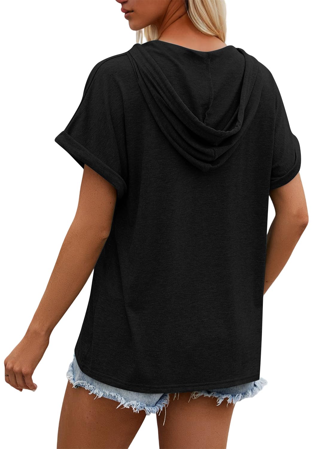 isermeo Womens Oversized Short Rolled Sleeve Summer Hoodie T Shirt 2024 Trendy Henley Button Tshirts S-XXL