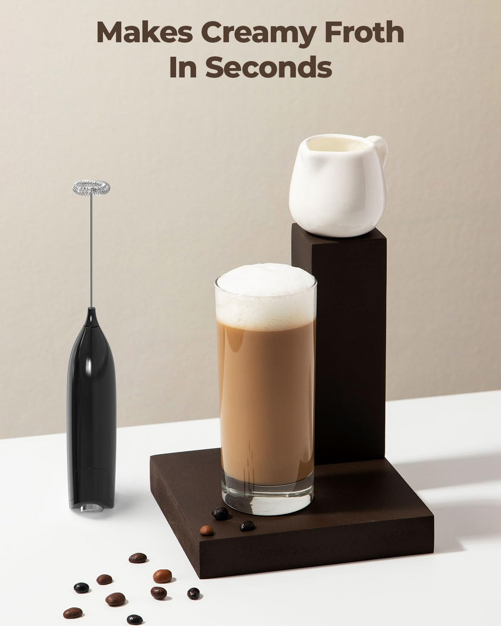 SIMPLETASTE Milk Frother Handheld Electric Foam Maker, Drink Mixer with Stainless Steel Whisk for Cappuccino, Bulletproof Coffee, Latte, Blizzard White, Without Stand, Battery Operated