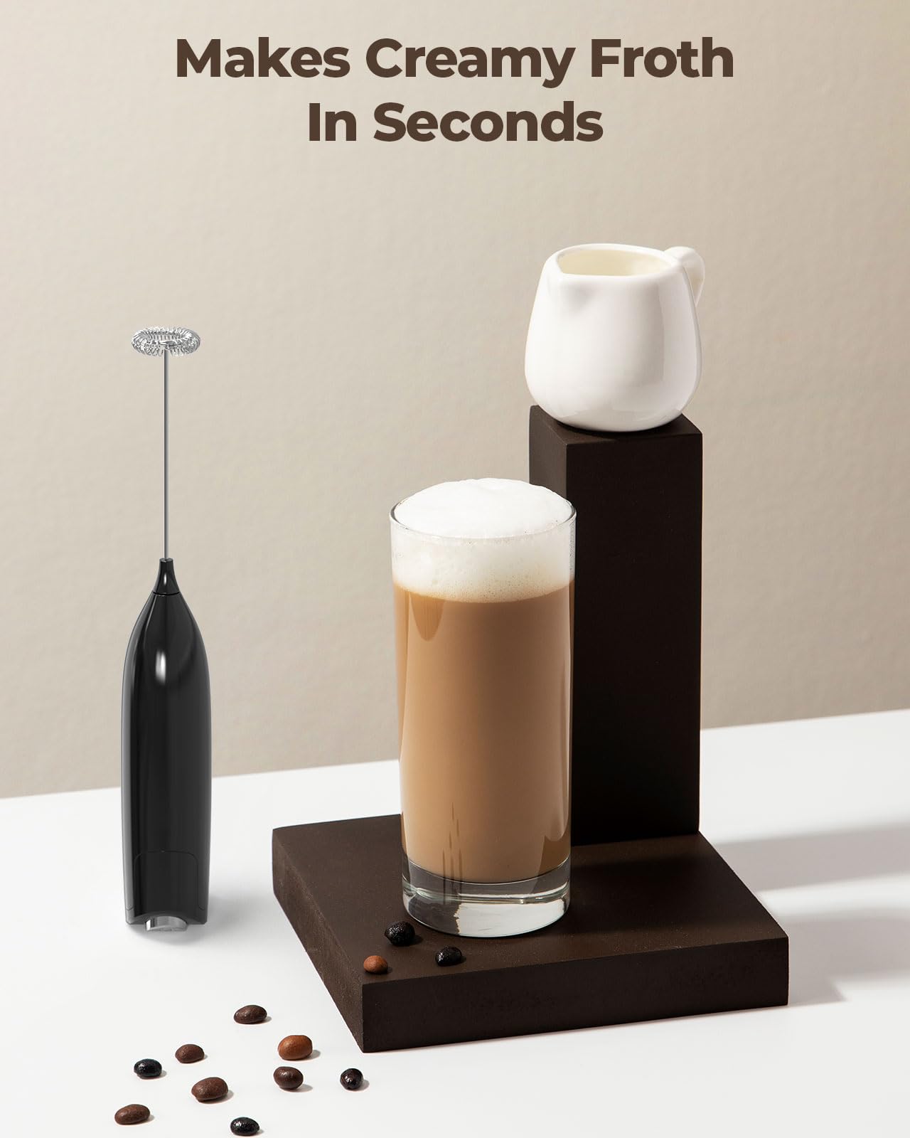 SIMPLETASTE Milk Frother Handheld Electric Foam Maker, Drink Mixer with Stainless Steel Whisk for Cappuccino, Bulletproof Coffee, Latte, Blizzard White, Without Stand, Battery Operated