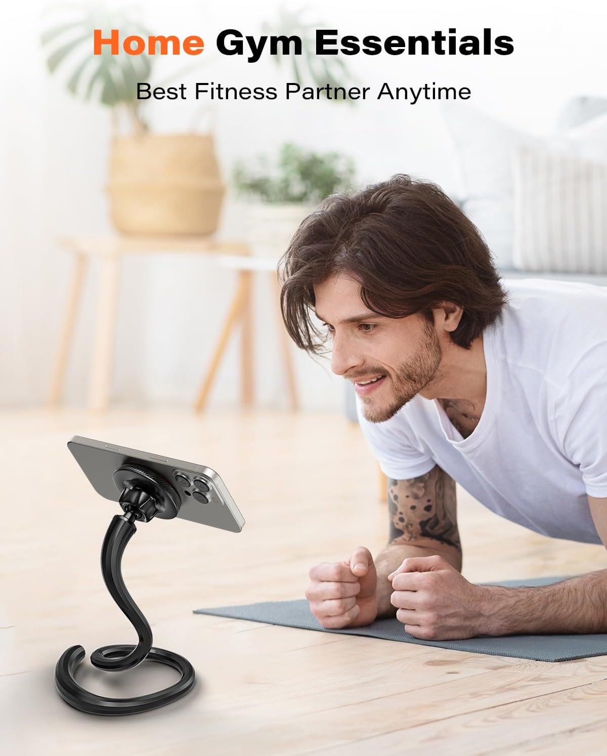 Support téléphone sur base compacte avec bras flexible, téléphone orienté vers l’avant.