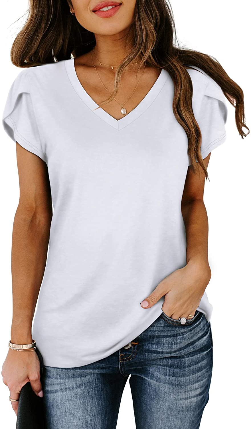 isermeo Womens Summer Tops Sexy V Neck Petal Sleeve Casual Solid Color Tee Tshirts S-XXL