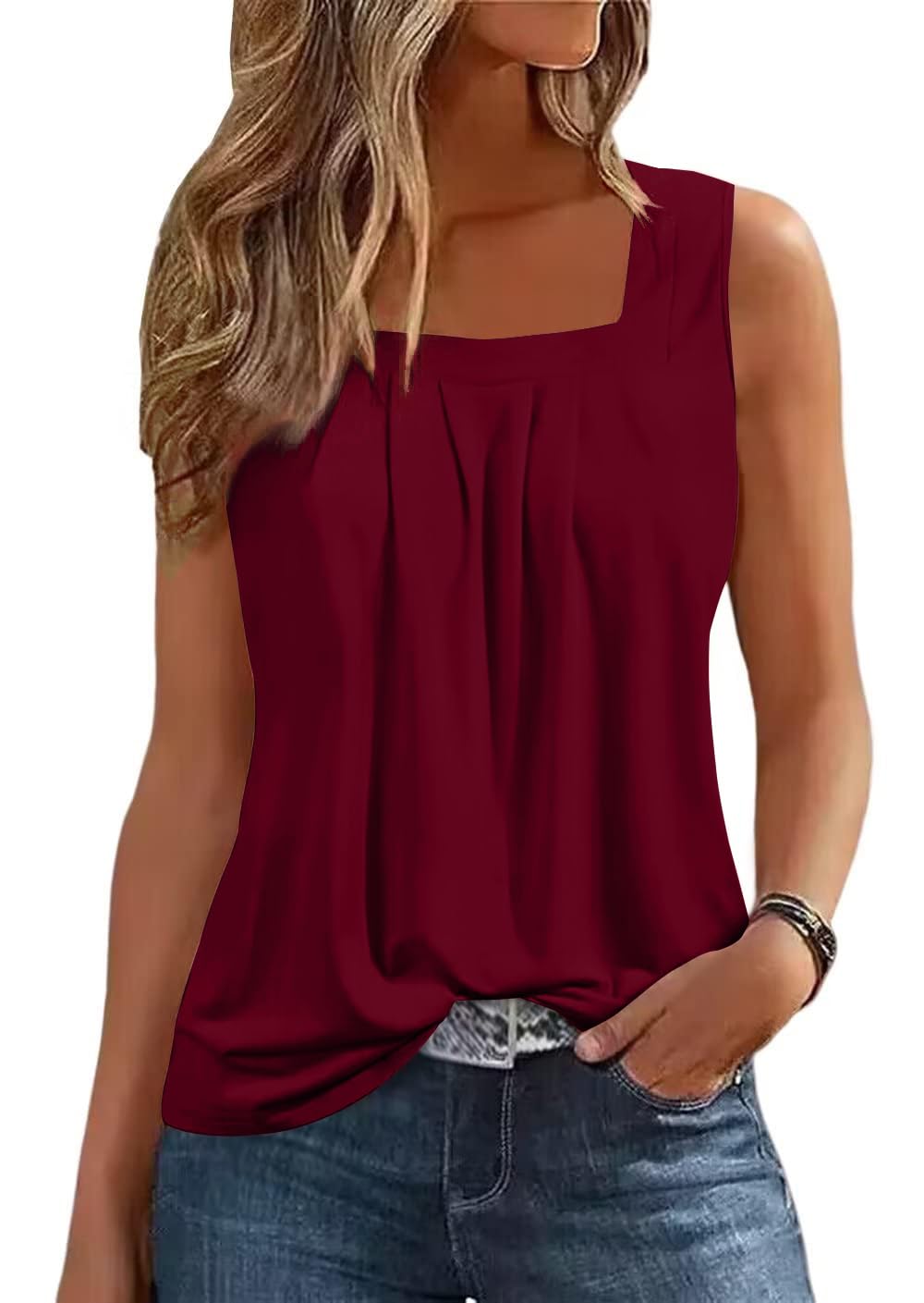 isermeo Summer Tank Tops for Women Loose Fit Pleated Square Neck Sleeveless Shirt Flowy Tops S-XXL