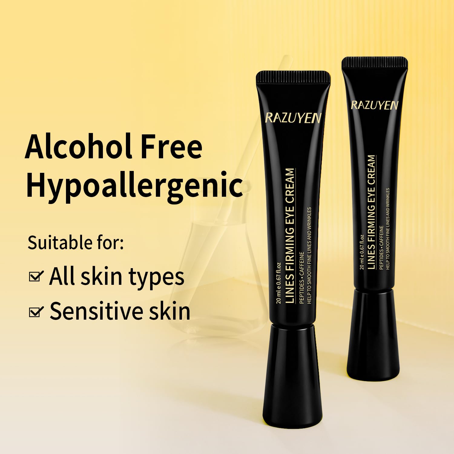 Deux tubes de crème contour des yeux RAZUYEN en noir, côte à côte.