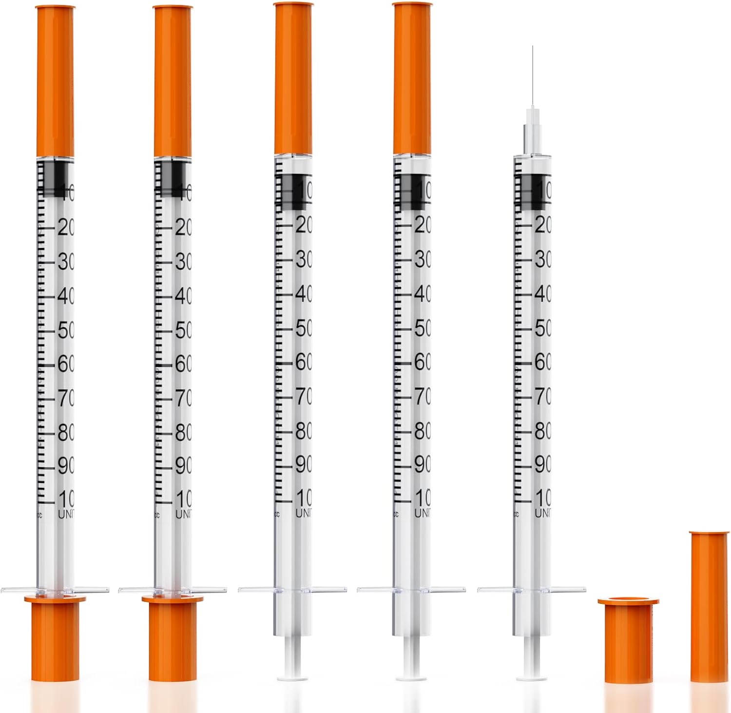 Lot de seringues U-100 1 cc avec aiguilles, bouchons orange, graduation noire