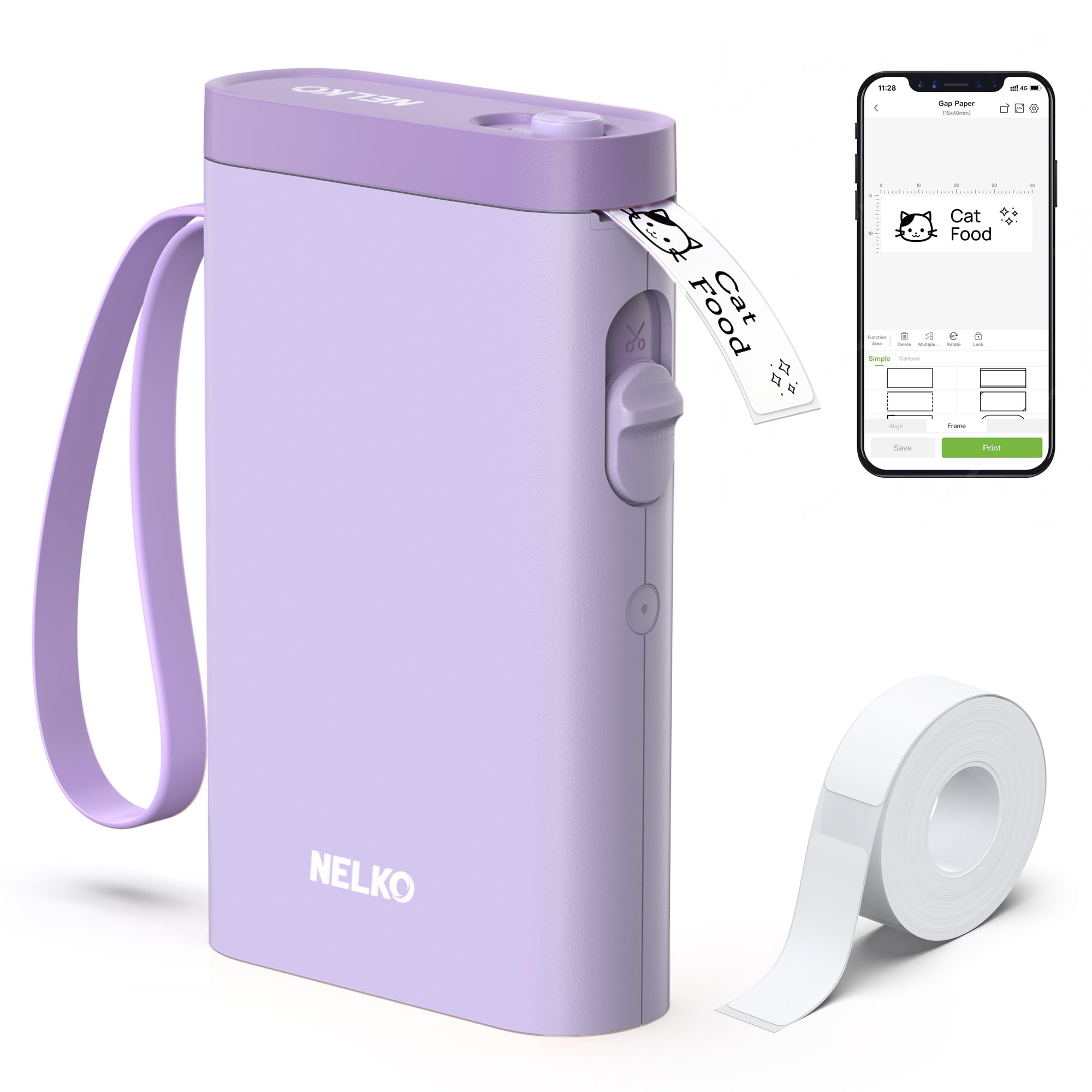 Imprimante d’étiquettes Bluetooth portable violette, dragonne, rouleau d’étiquette et application sur téléphone