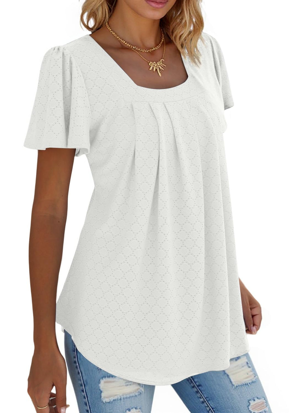 isermeo Summer Tops for Women Pleated Square Neck Ruffle Sleeve Shirts Casual Loose Flowy Curved Hem Tunic S-XXL
