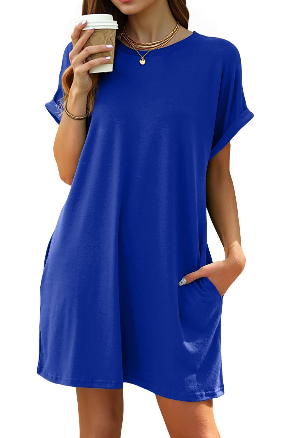 isermeo Women Summer Casual Swing Rolled Sleeve T Shirt Dresses Beach Cover Up Loose Dress with Pockets S-XXL