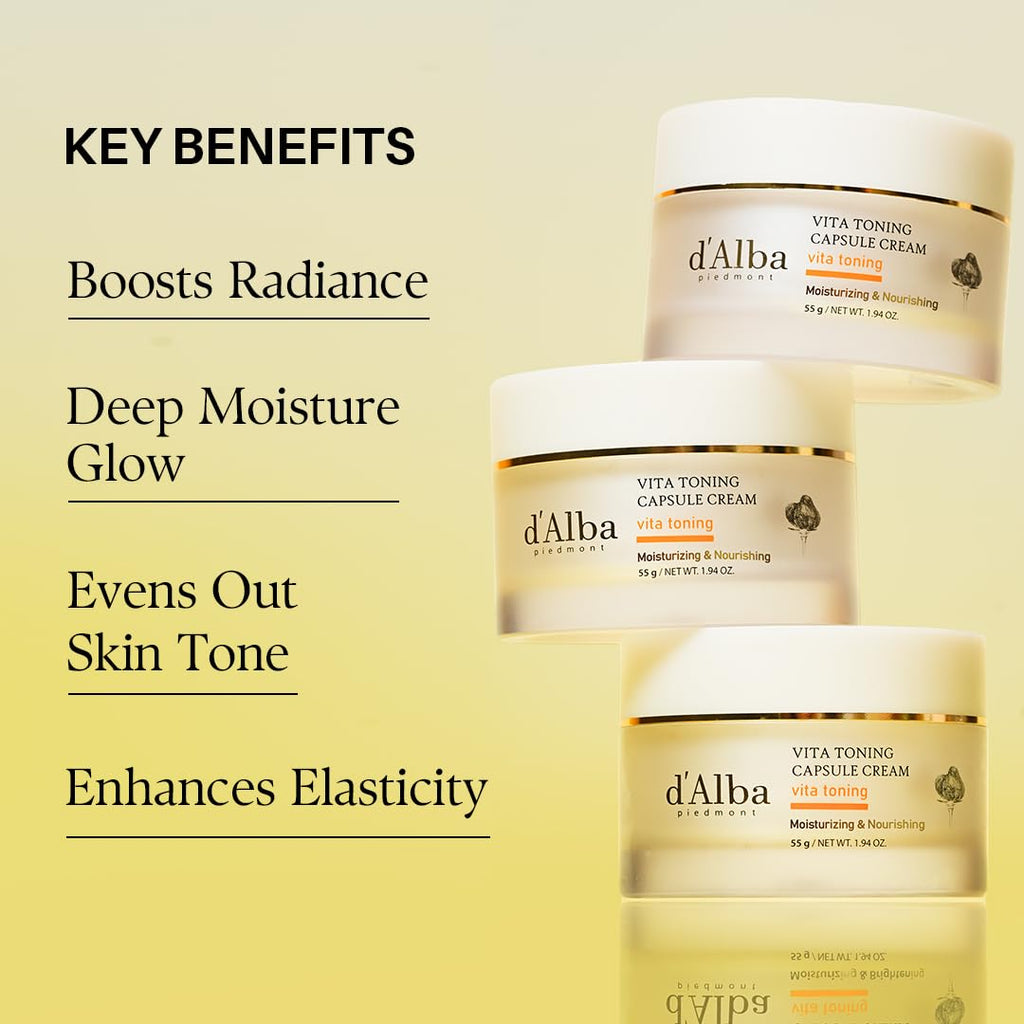 Trois pots empilés de crème capsule d’alba Vita Toning, texture blanche
