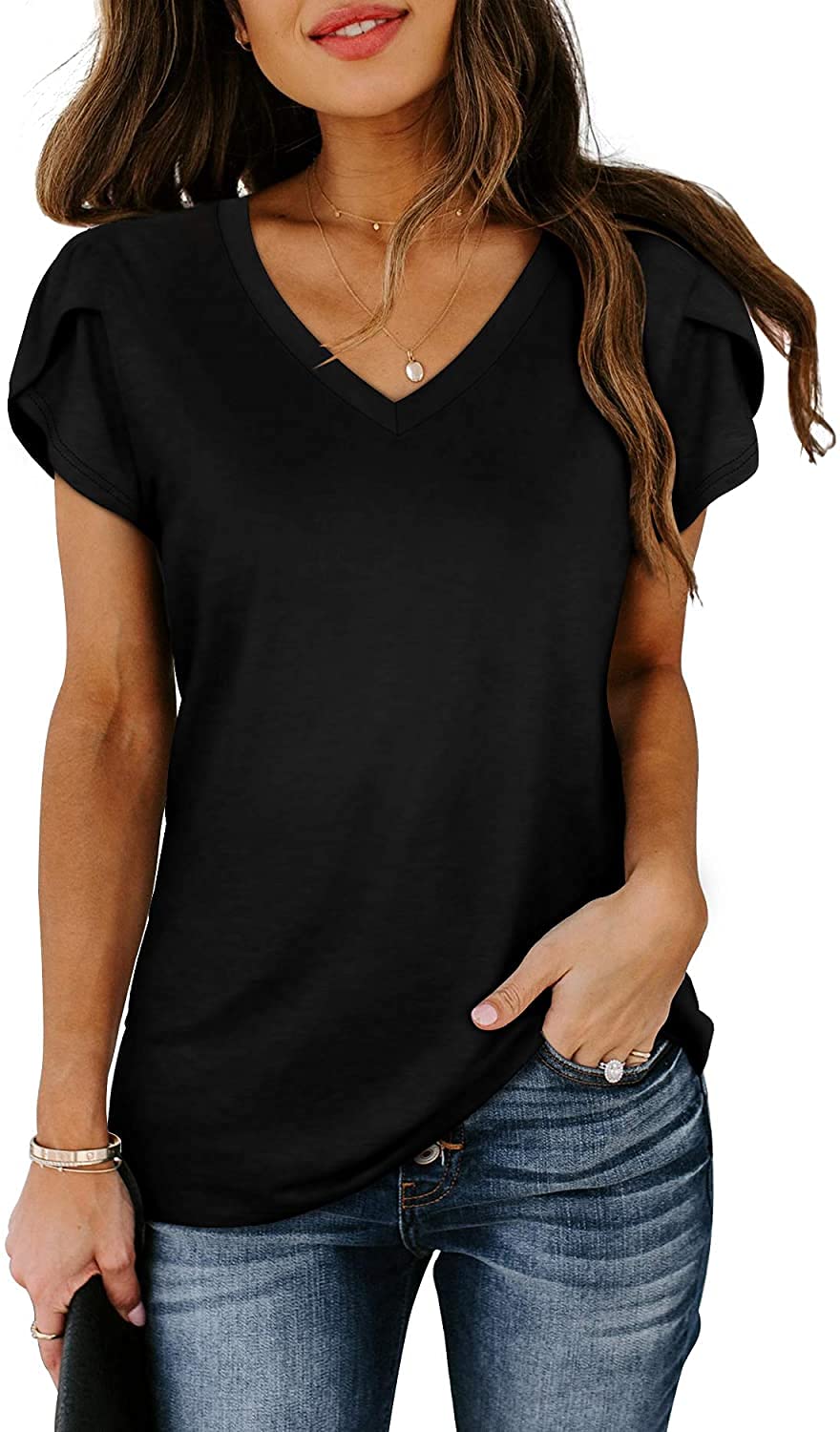 isermeo Womens Summer Tops Sexy V Neck Petal Sleeve Casual Solid Color Tee Tshirts S-XXL