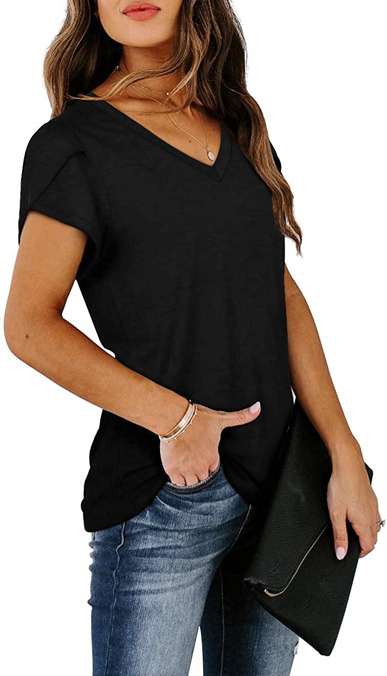 isermeo Womens Summer Tops Sexy V Neck Petal Sleeve Casual Solid Color Tee Tshirts S-XXL