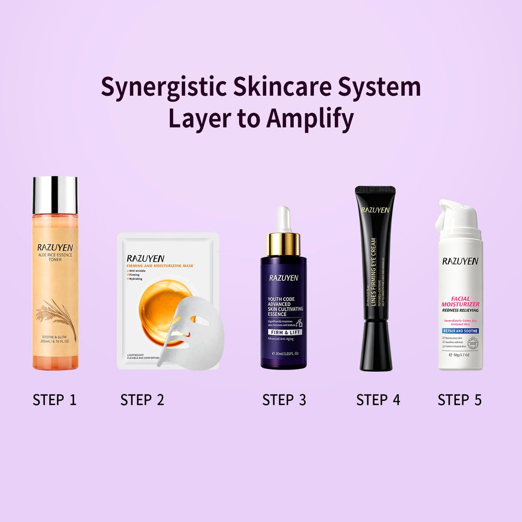 Set de soins RAZUYEN sur fond clair, flacons et gel pour le visage.