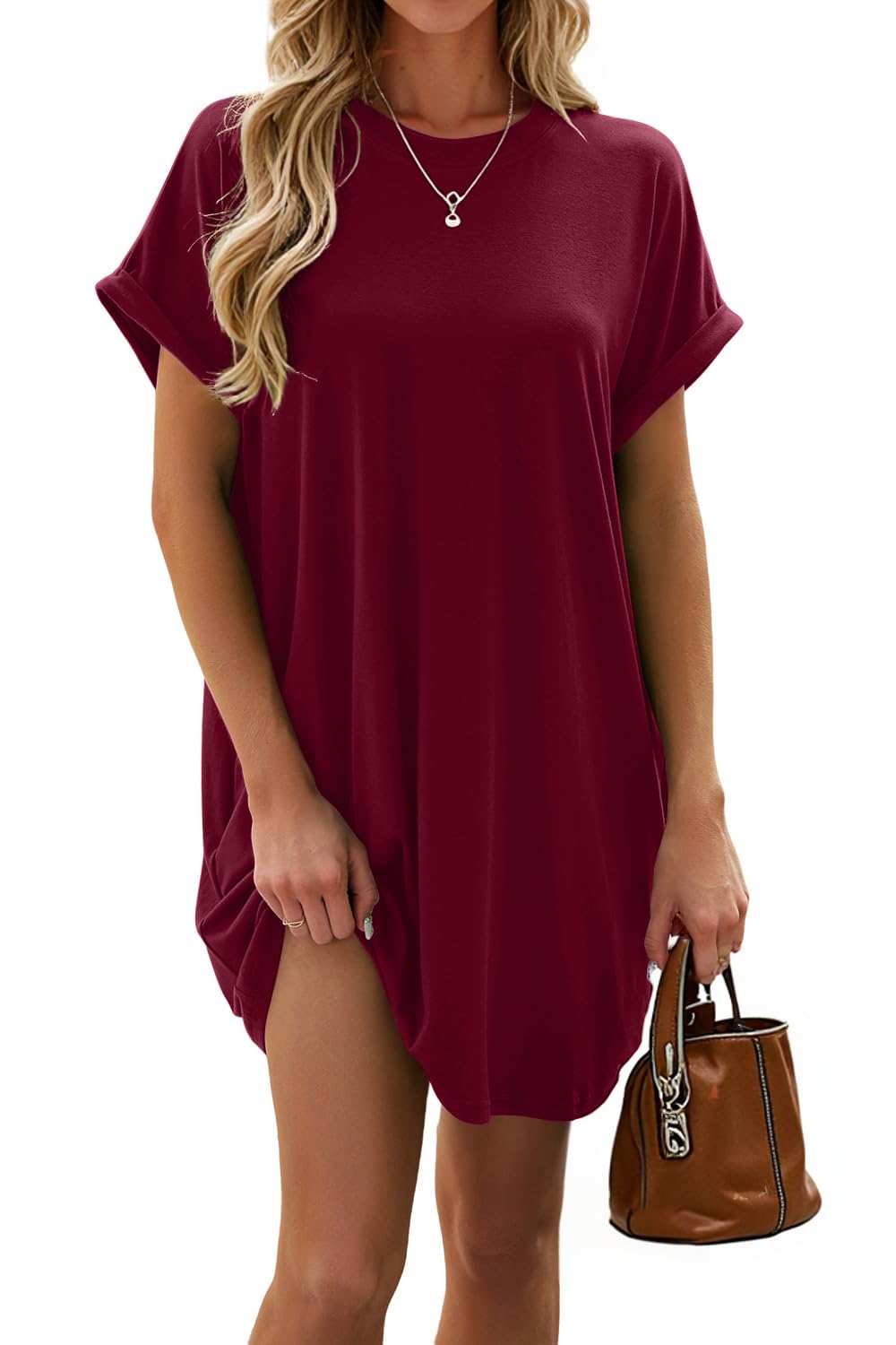isermeo Women Summer Casual Swing Rolled Sleeve T Shirt Dresses Beach Cover Up Loose Dress with Pockets S-XXL