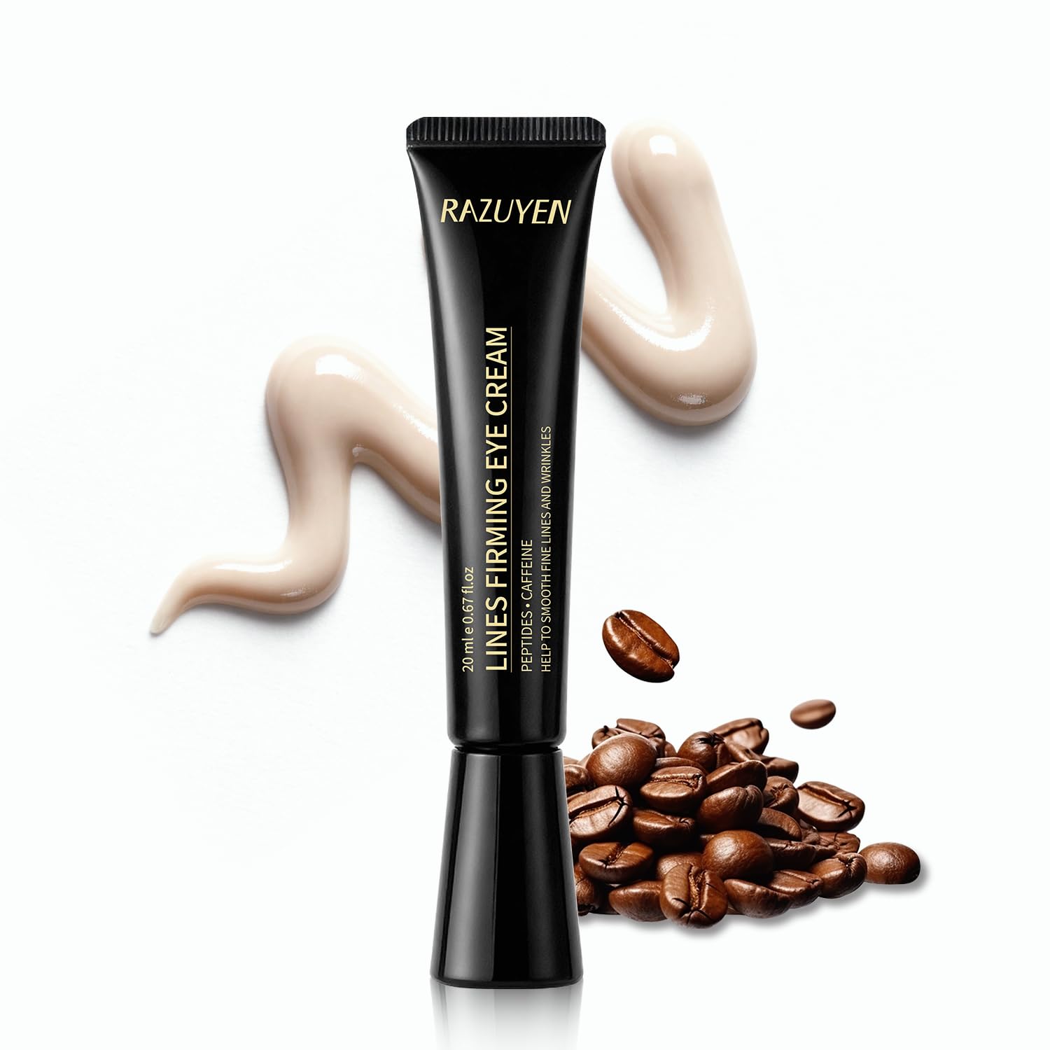 Crème contour des yeux RAZUYEN en tube noir, avec dépôt de gel beige.