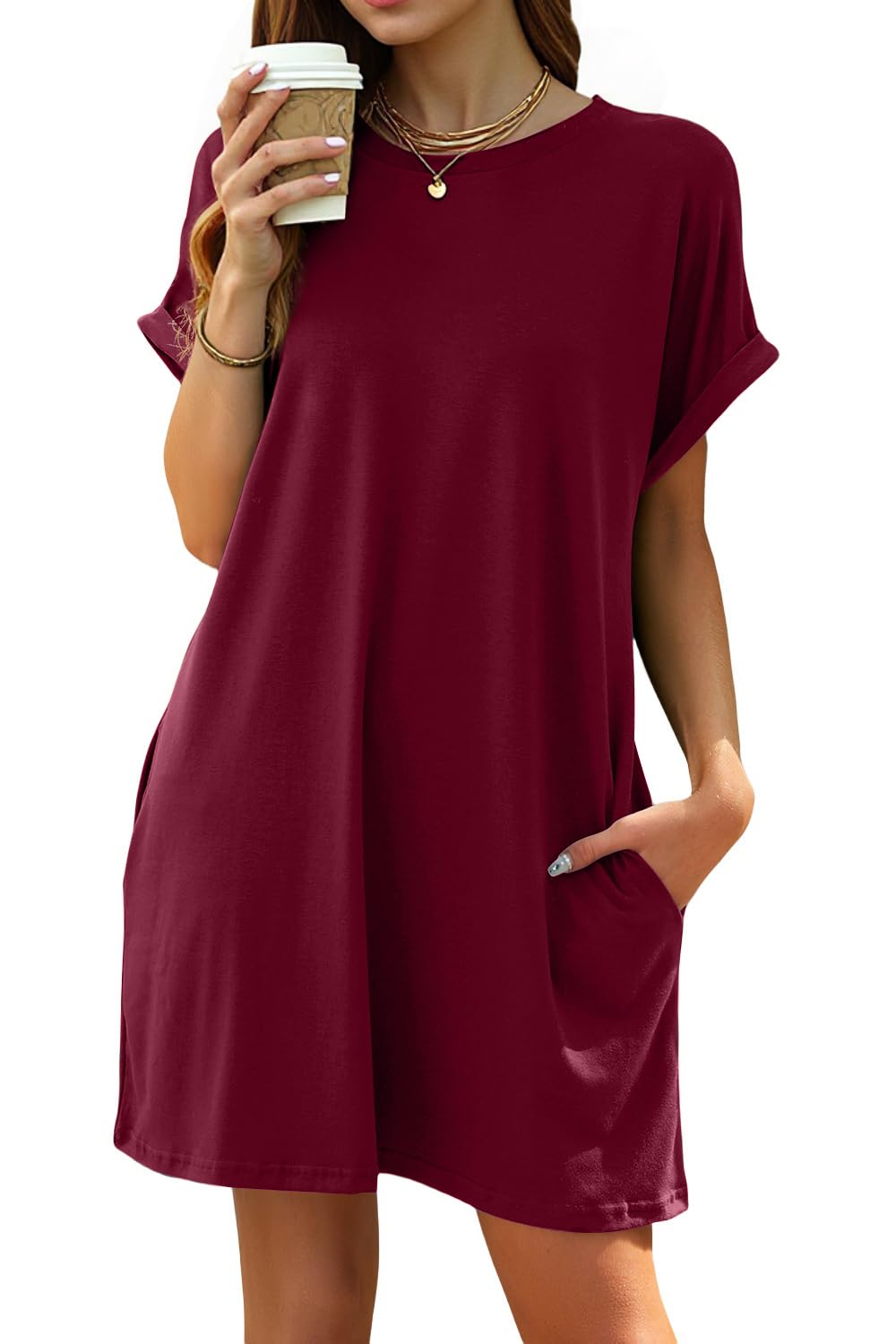 isermeo Women Summer Casual Swing Rolled Sleeve T Shirt Dresses Beach Cover Up Loose Dress with Pockets S-XXL