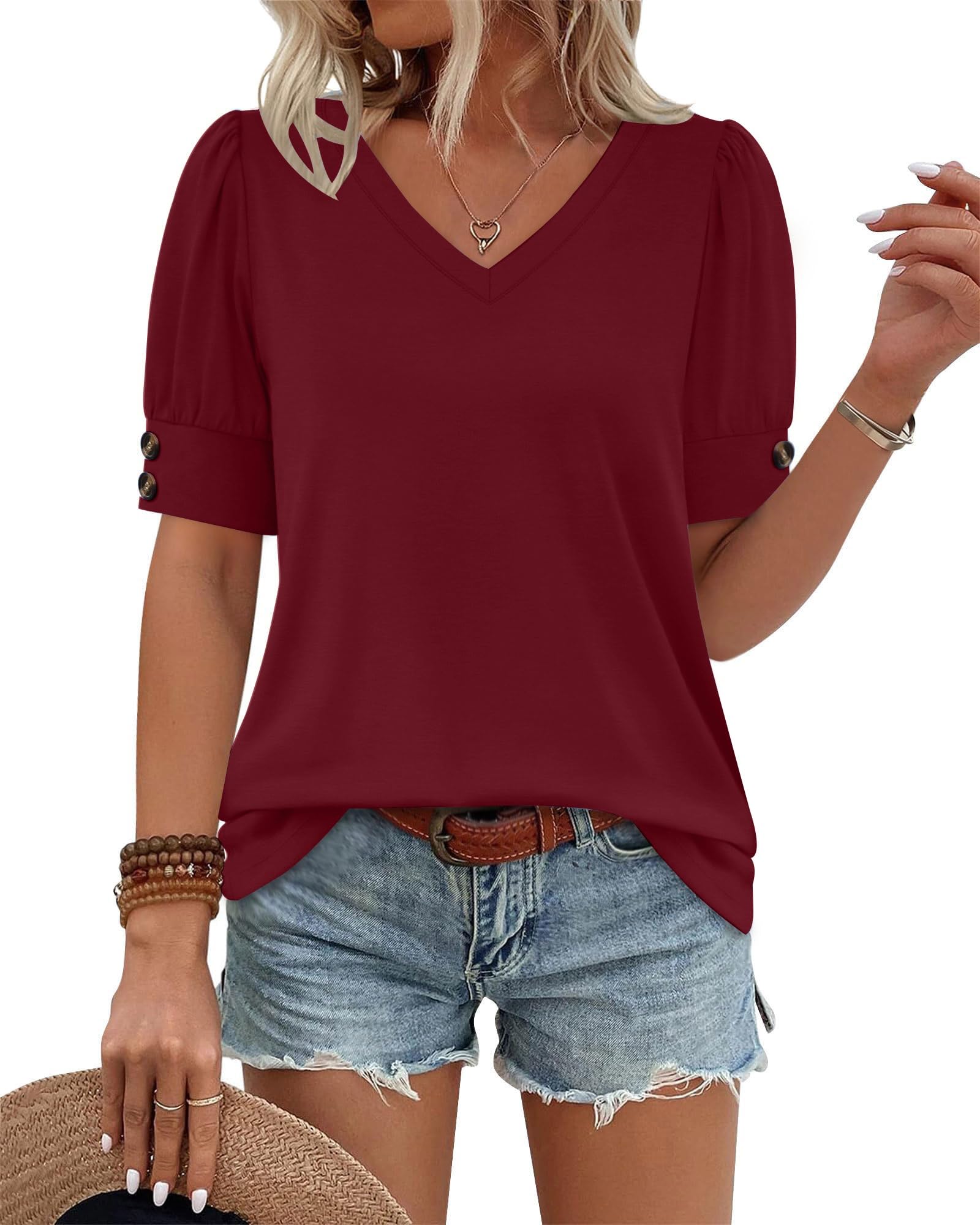 isermeo Womens Tops Short Sleeve Buttons Shirts V Neck Summer Shirts Blouses Dressy Casual Fashion S-XXL