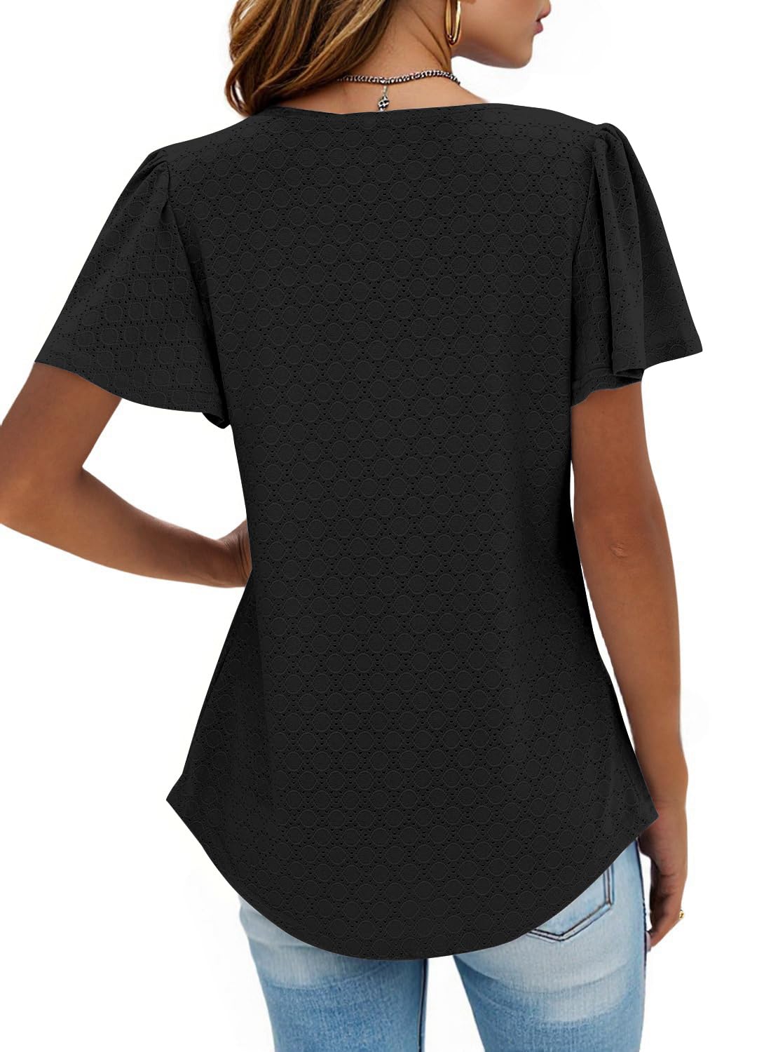 isermeo Summer Tops for Women Pleated Square Neck Ruffle Sleeve Shirts Casual Loose Flowy Curved Hem Tunic S-XXL