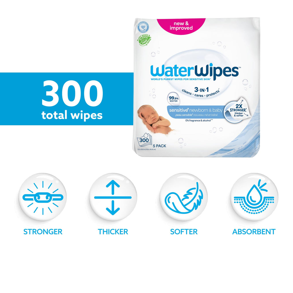 WaterWipes Sensitive+ Newborn & Baby Wipes, 3-In-1 Cleans, Cares, Protects, 99.9% Water, Unscented & Hypoallergenic, 720 Count (12 Packs)