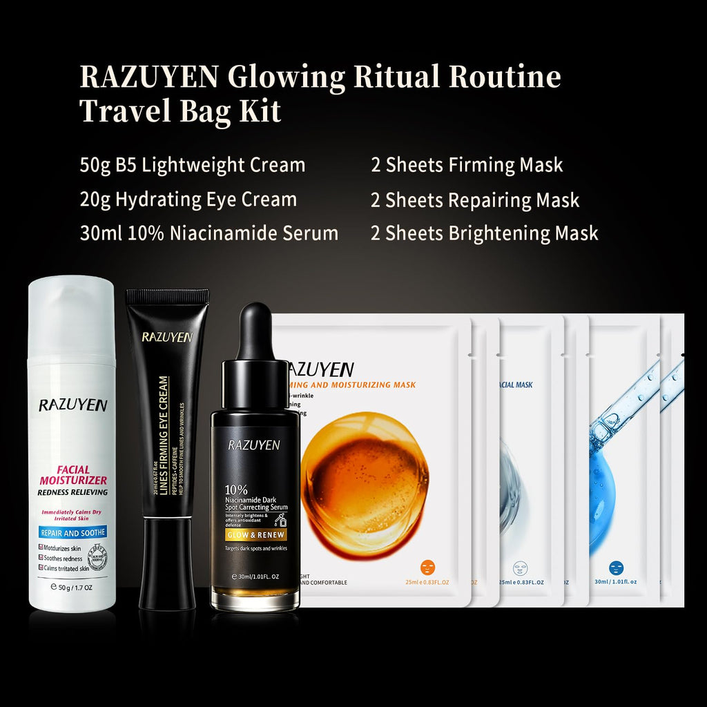 Coffret routine visage voyage RAZUYEN avec flacons et masques en sachets.