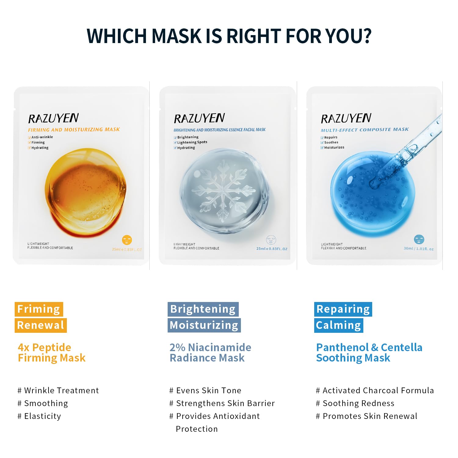 Pack de 3 masques en tissu RAZUYEN : raffermissant, éclaircissant, réparateur