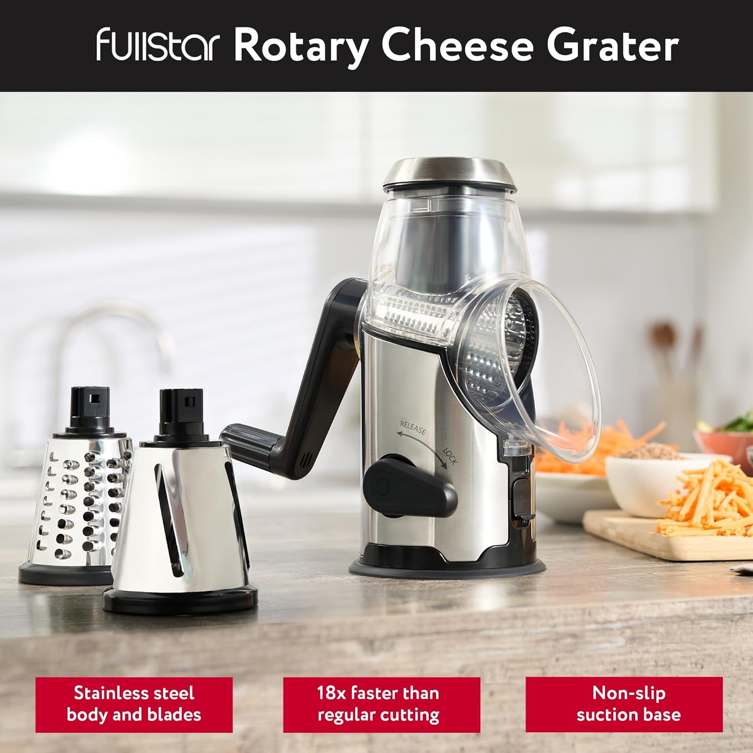 Cheese Grater Rotary Handheld - Vegetable Slicer - Stainless Steel Body & 3 Interchangeable Blades - Cheese Veggies Nuts Shredder - Non-Slip Base - Fast & Easy to Use Kitchen Gadget
