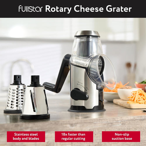 Cheese Grater Rotary Handheld - Vegetable Slicer - Stainless Steel Body & 3 Interchangeable Blades - Cheese Veggies Nuts Shredder - Non-Slip Base - Fast & Easy to Use Kitchen Gadget