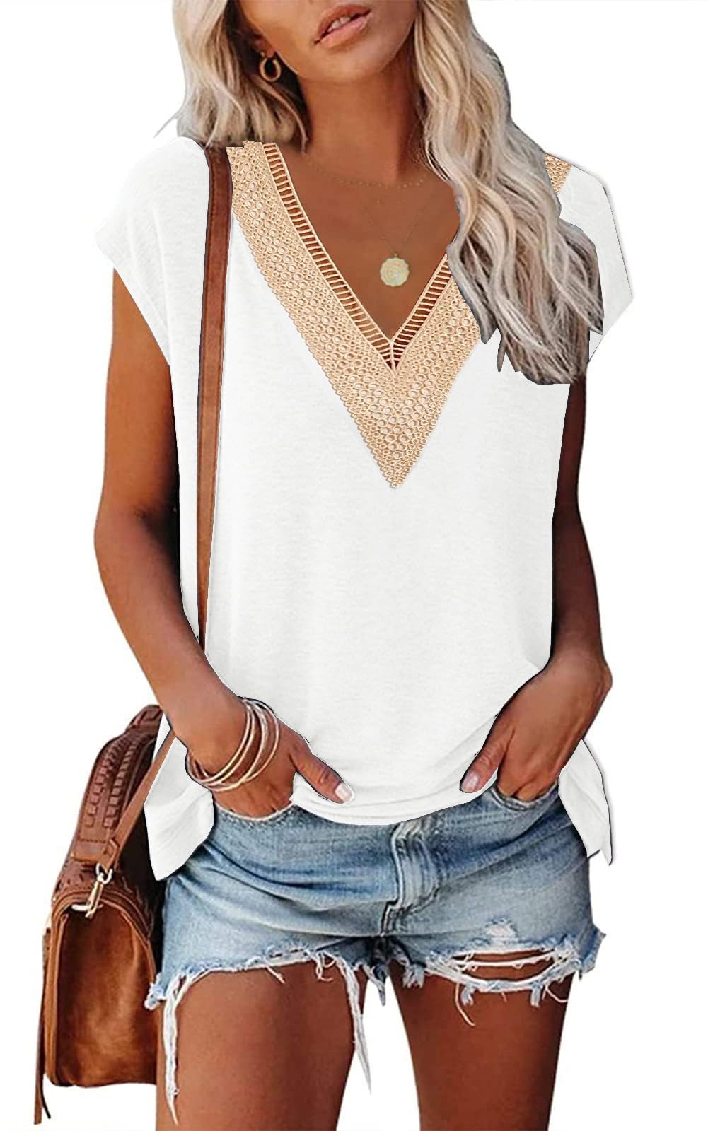 isermeo Womens Cap Sleeve Summer Tops Trendy Tank Tops Lace V Neck Loose Fit Shirts S-XXL