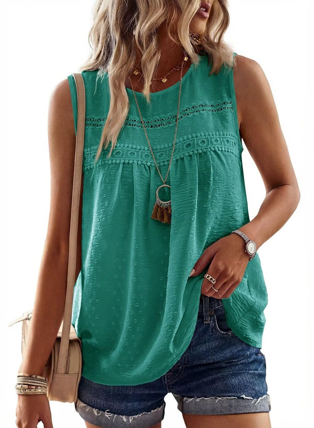 Falechay Womens Summer Tops Boho Shirts Crewneck Sleeveless Tank Tops Flowy Lace Hem Casual Blouses Clothing Trendy 2026