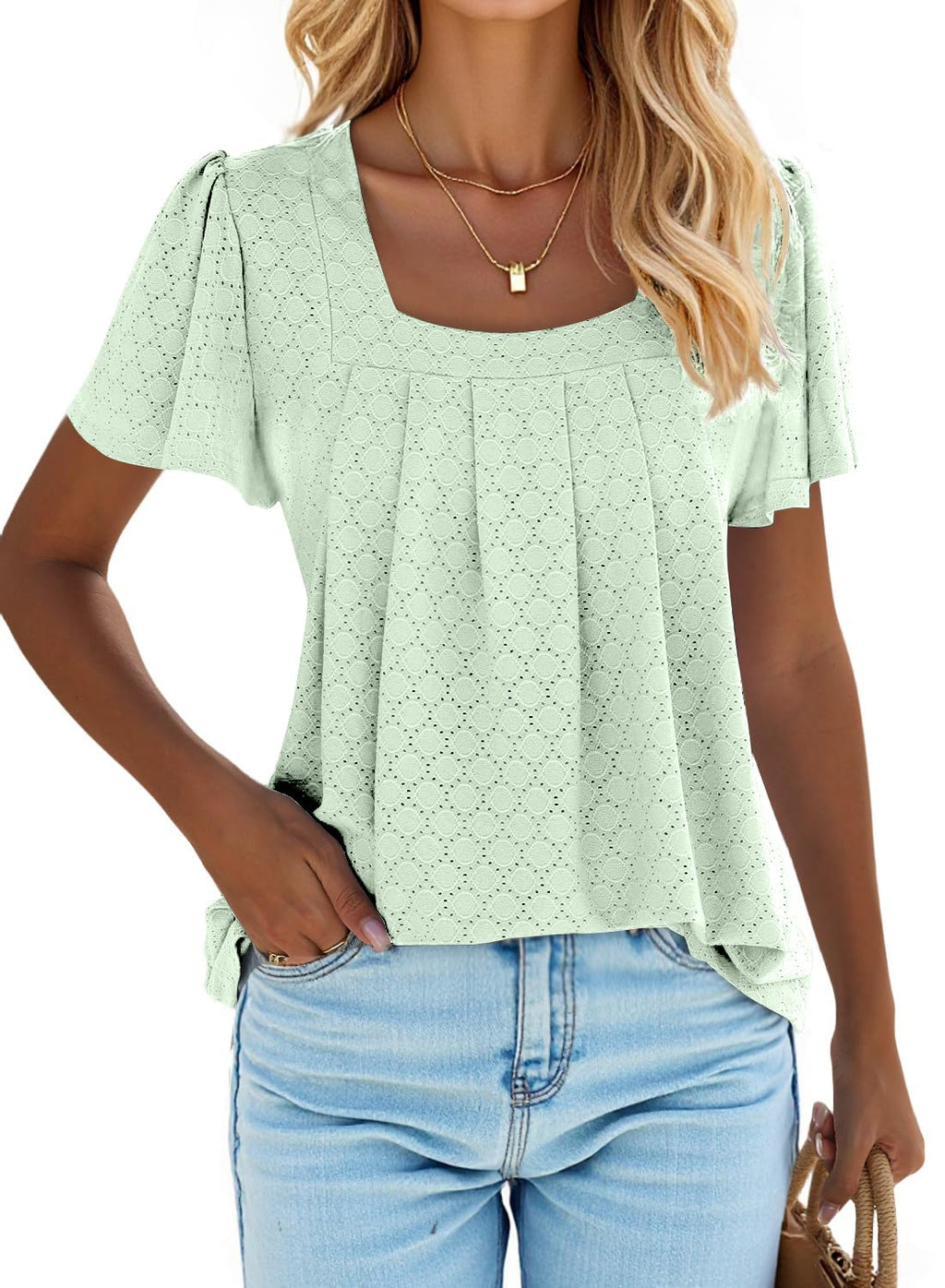 isermeo Summer Tops for Women Pleated Square Neck Ruffle Sleeve Shirts Casual Loose Flowy Curved Hem Tunic S-XXL