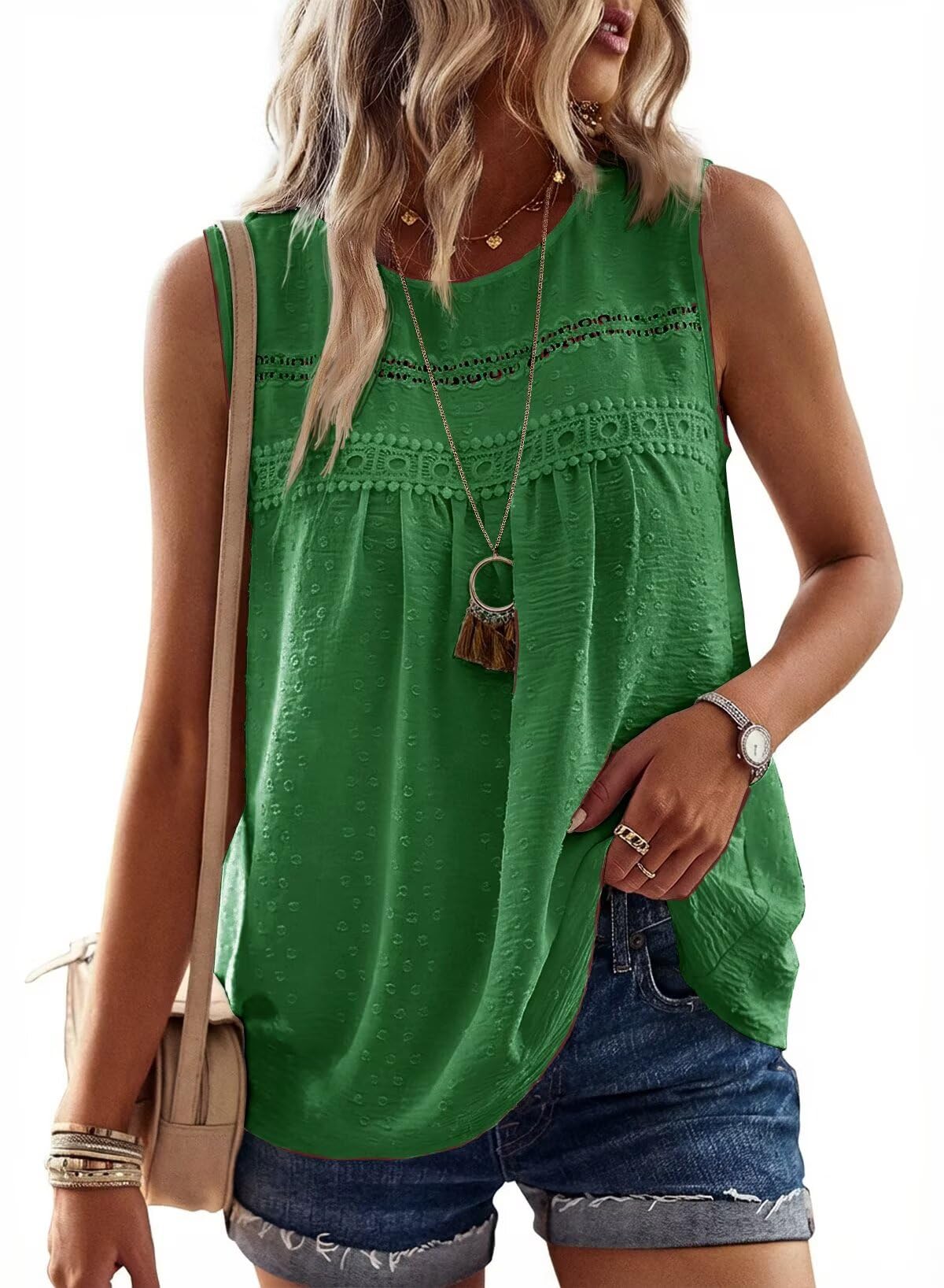 Falechay Womens Summer Tops Boho Shirts Crewneck Sleeveless Tank Tops Flowy Lace Hem Casual Blouses Clothing Trendy 2026