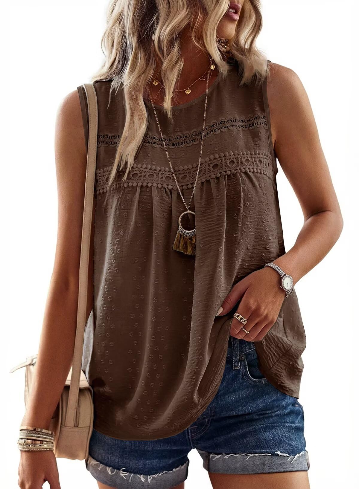 Falechay Womens Summer Tops Boho Shirts Crewneck Sleeveless Tank Tops Flowy Lace Hem Casual Blouses Clothing Trendy 2026