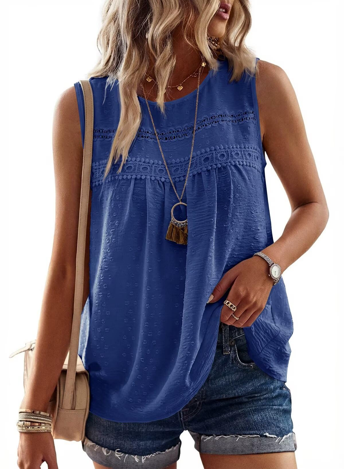 Falechay Womens Summer Tops Boho Shirts Crewneck Sleeveless Tank Tops Flowy Lace Hem Casual Blouses Clothing Trendy 2026