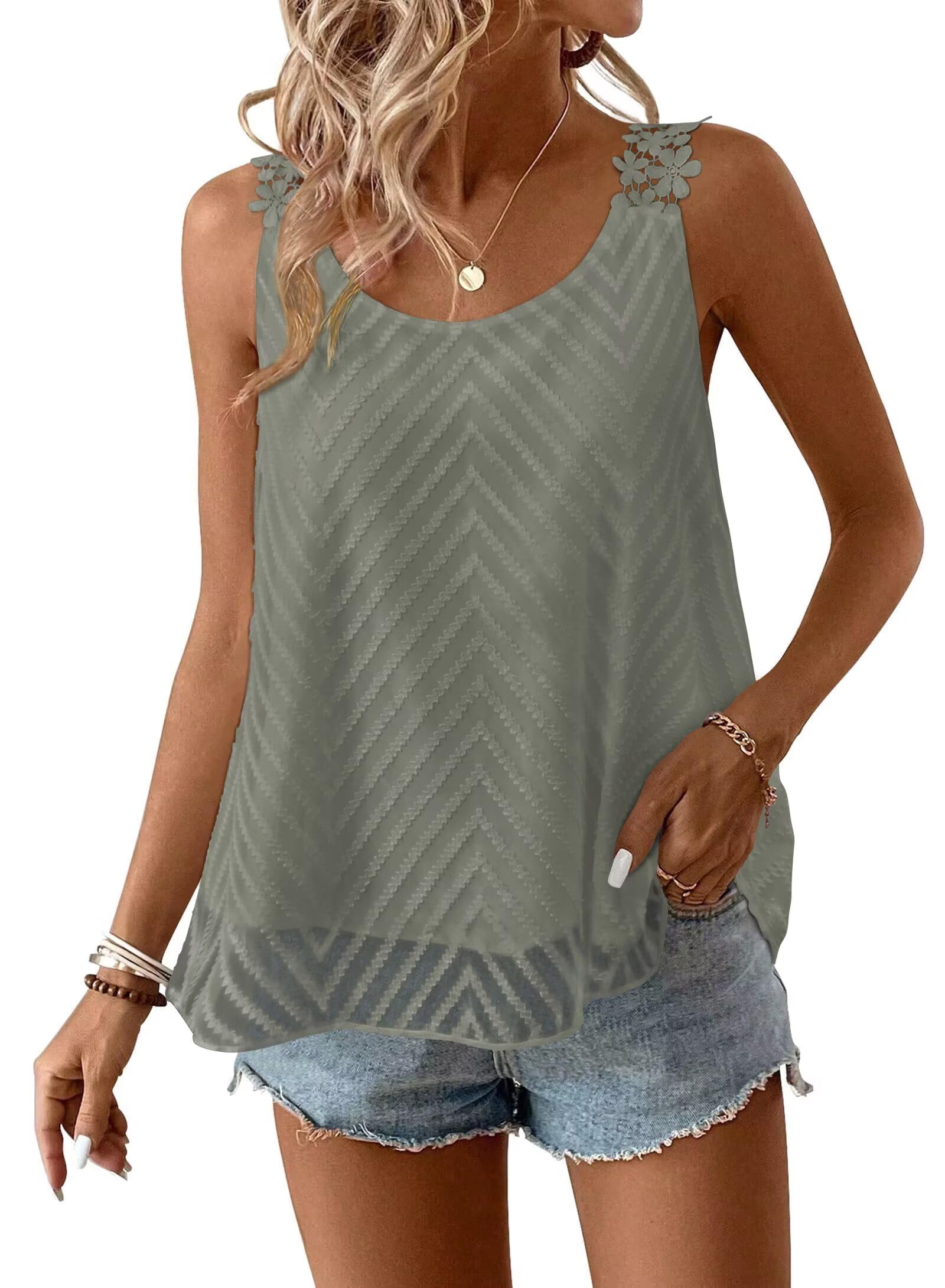 Falechay Womens Tank Tops Flowy Sleeveless Summer Boho Tank Top for Women Crewneck Spaghetti Strap Lace Camisole Shirts