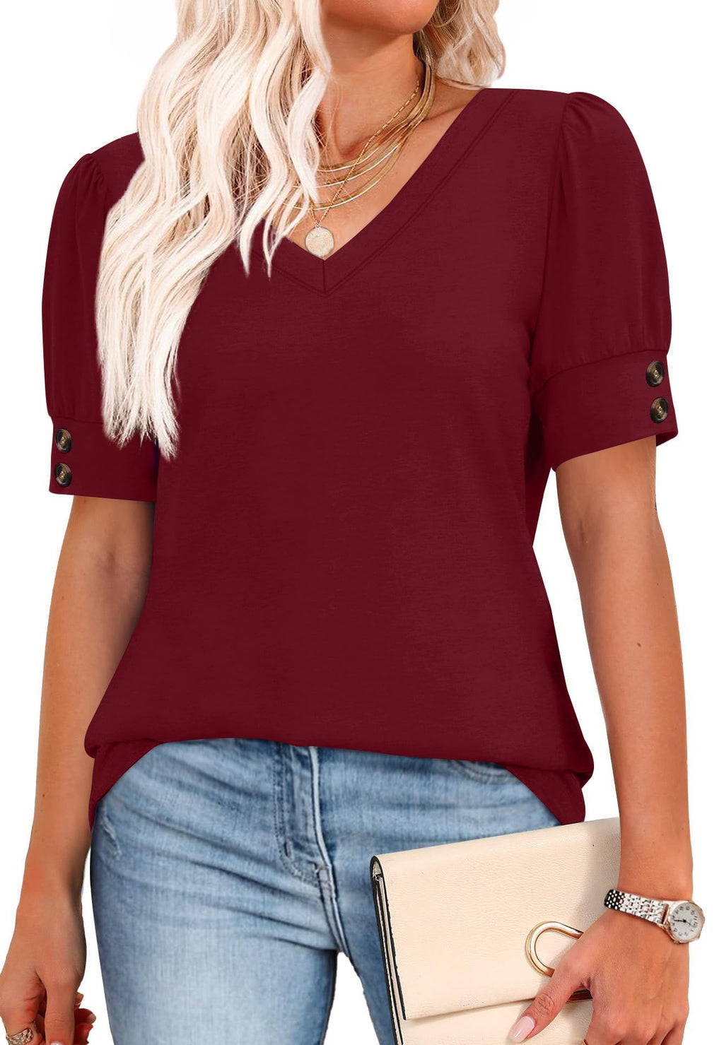 isermeo Womens Tops Short Sleeve Buttons Shirts V Neck Summer Shirts Blouses Dressy Casual Fashion S-XXL