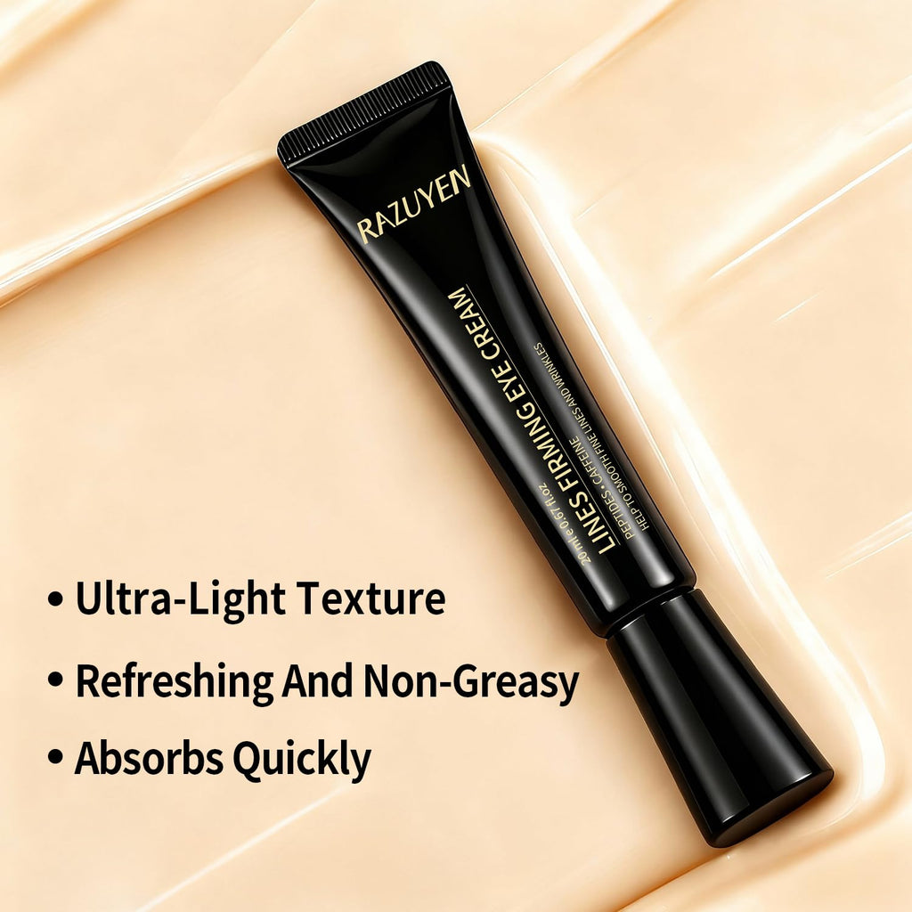 Crème contour des yeux RAZUYEN en tube noir, avec trace de gel beige sur surface lisse.