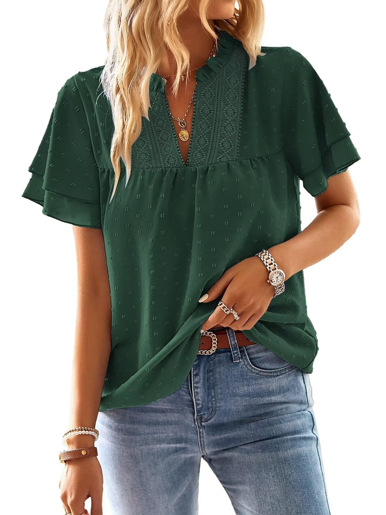 Falechay Womens Tops Butterfly Sleeve V Neck Blouses for Women Dressy Casual Flowy Swiss Dot Ruffle Short Sleeve Shirts
