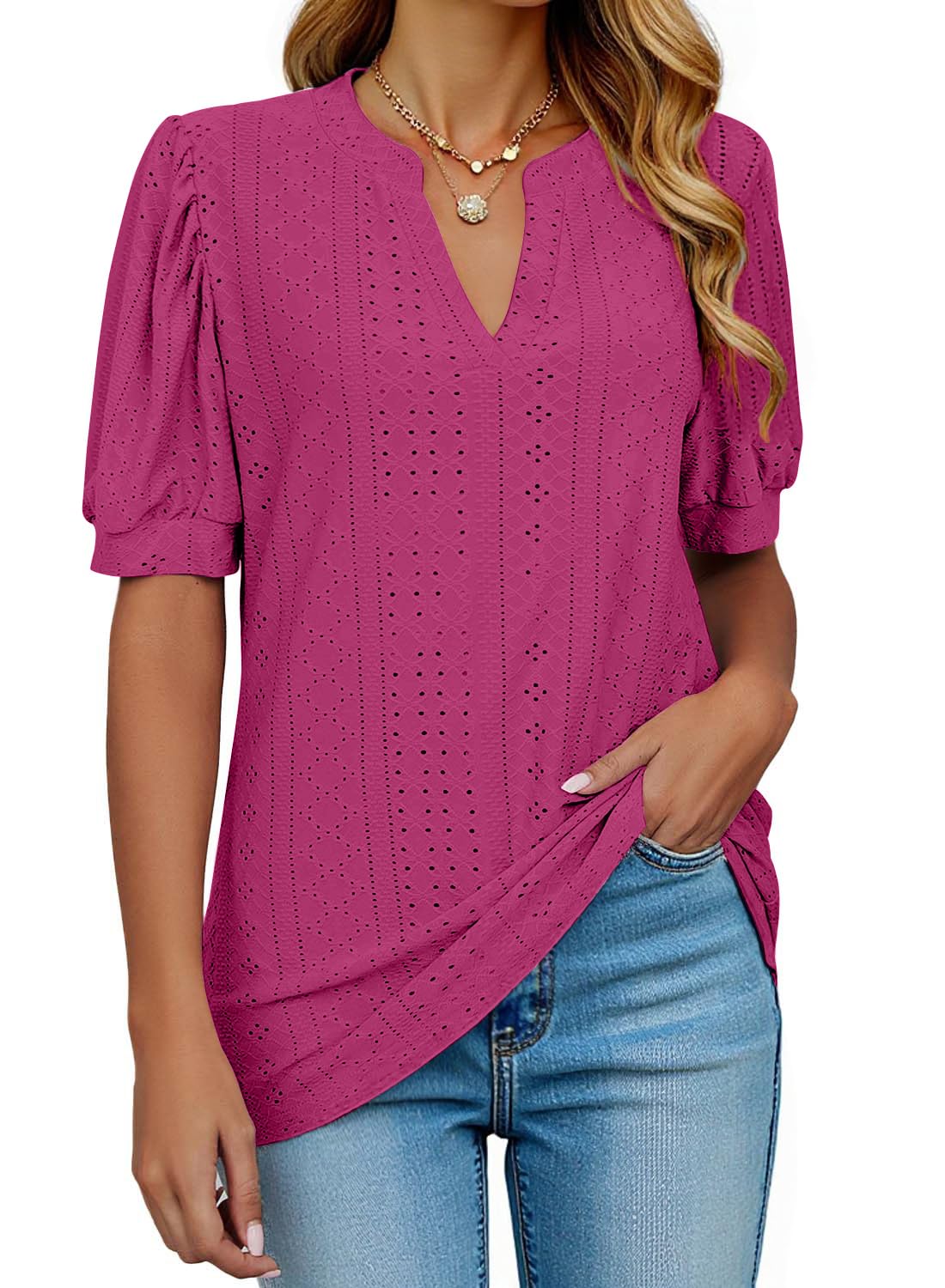 isermeo Womens Shirts Casual V Neck Tshirts Puff Short Sleeve Summer Tops Tunic Blouses S-XXL