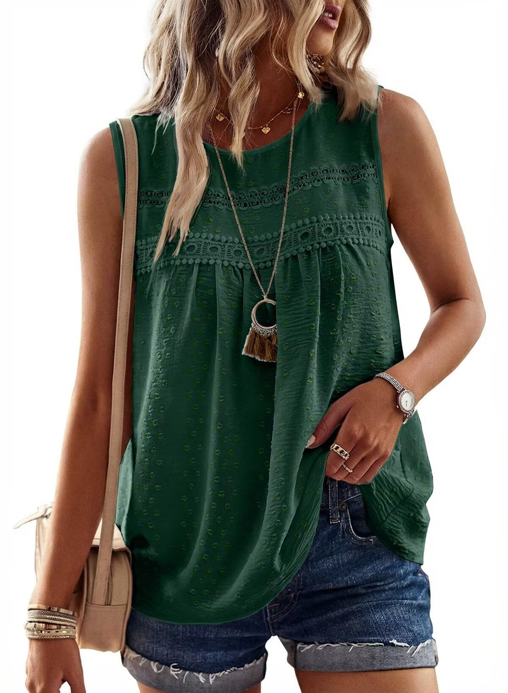 Falechay Womens Summer Tops Boho Shirts Crewneck Sleeveless Tank Tops Flowy Lace Hem Casual Blouses Clothing Trendy 2026