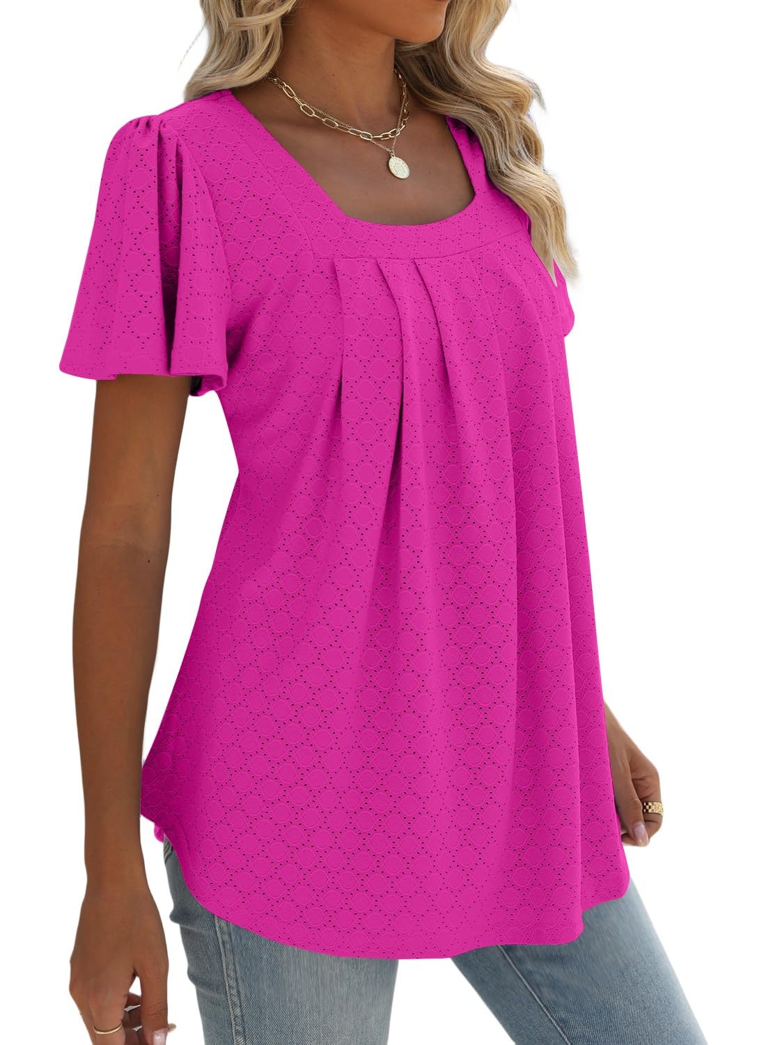 isermeo Summer Tops for Women Pleated Square Neck Ruffle Sleeve Shirts Casual Loose Flowy Curved Hem Tunic S-XXL