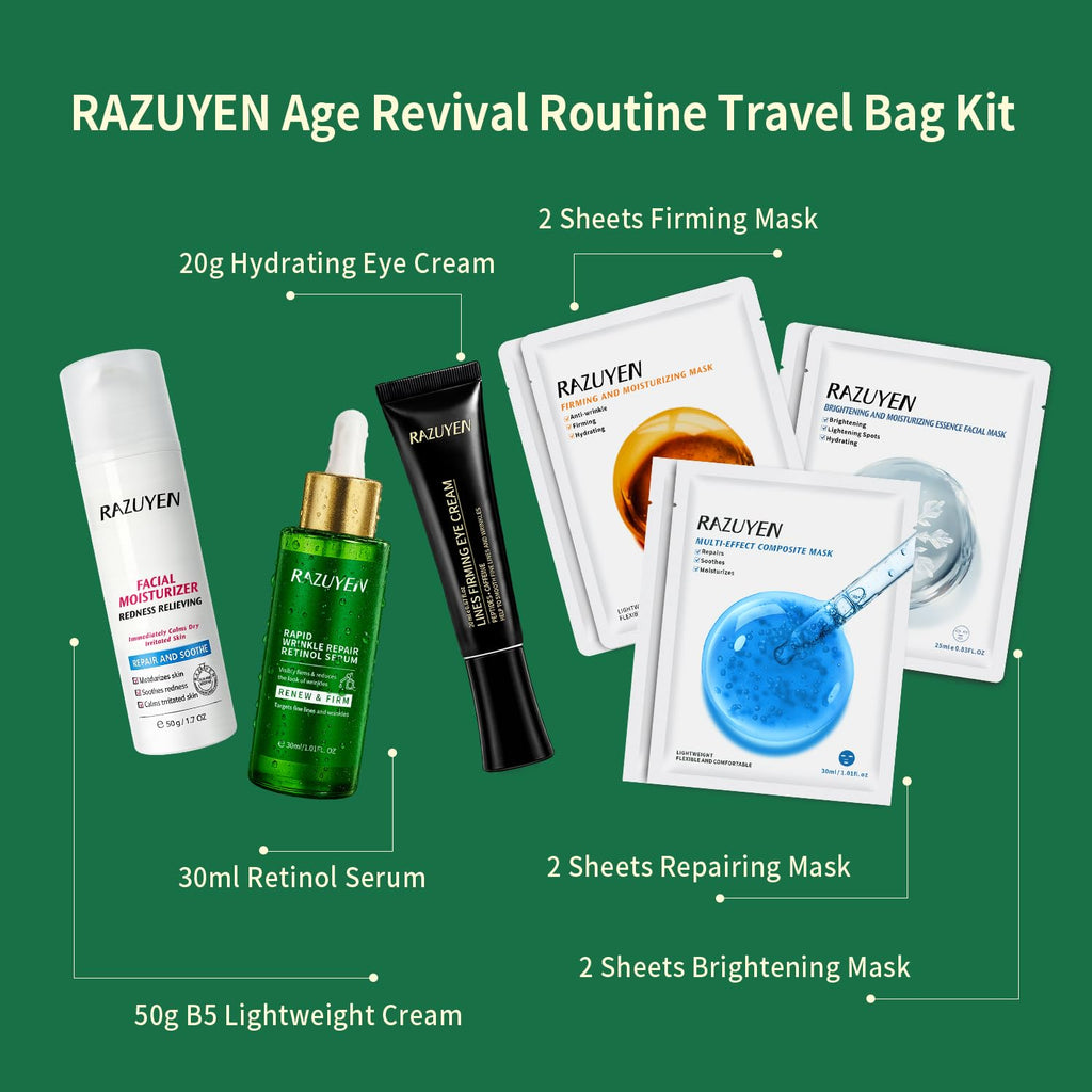 Coffret de soins visage: sérum, crème visage, crème yeux et masques en feuilles