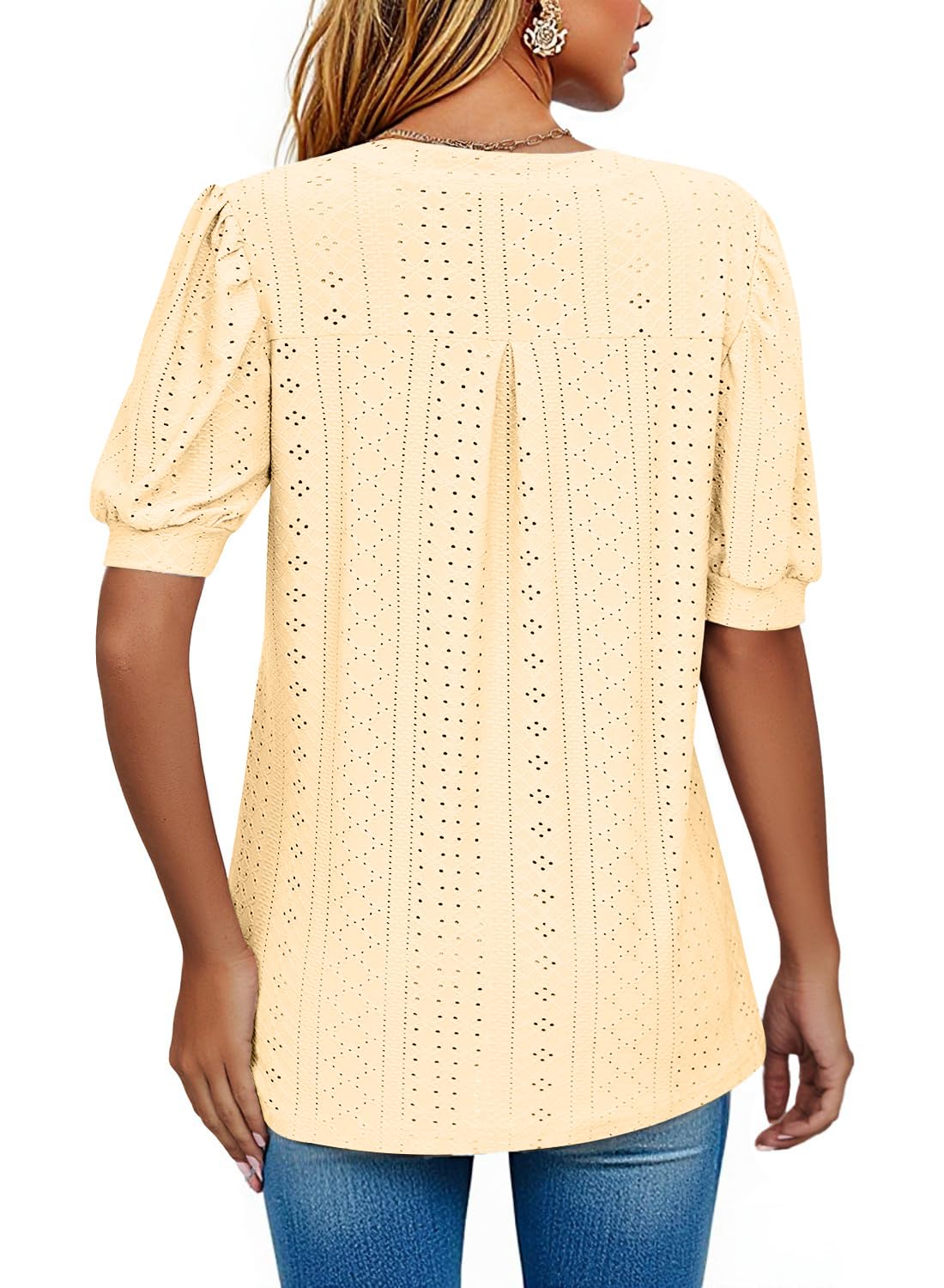 isermeo Womens Shirts Casual V Neck Tshirts Puff Short Sleeve Summer Tops Tunic Blouses S-XXL
