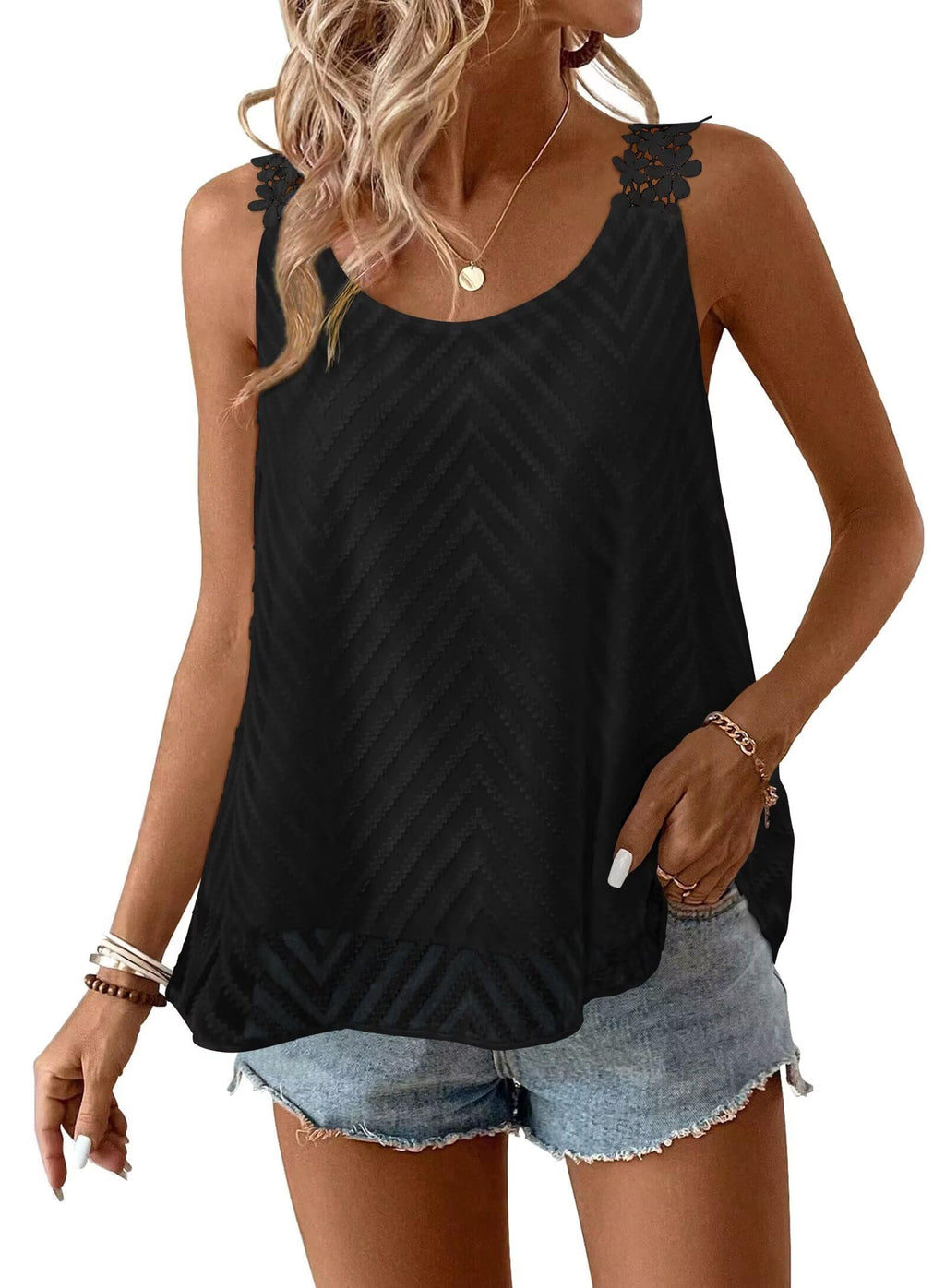 Falechay Womens Tank Tops Flowy Sleeveless Summer Boho Tank Top for Women Crewneck Spaghetti Strap Lace Camisole Shirts